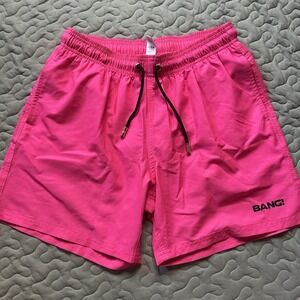 Bang Miami Swim Shorts Small Neon Pink Mens Logo Happy Face Drawstring Waist